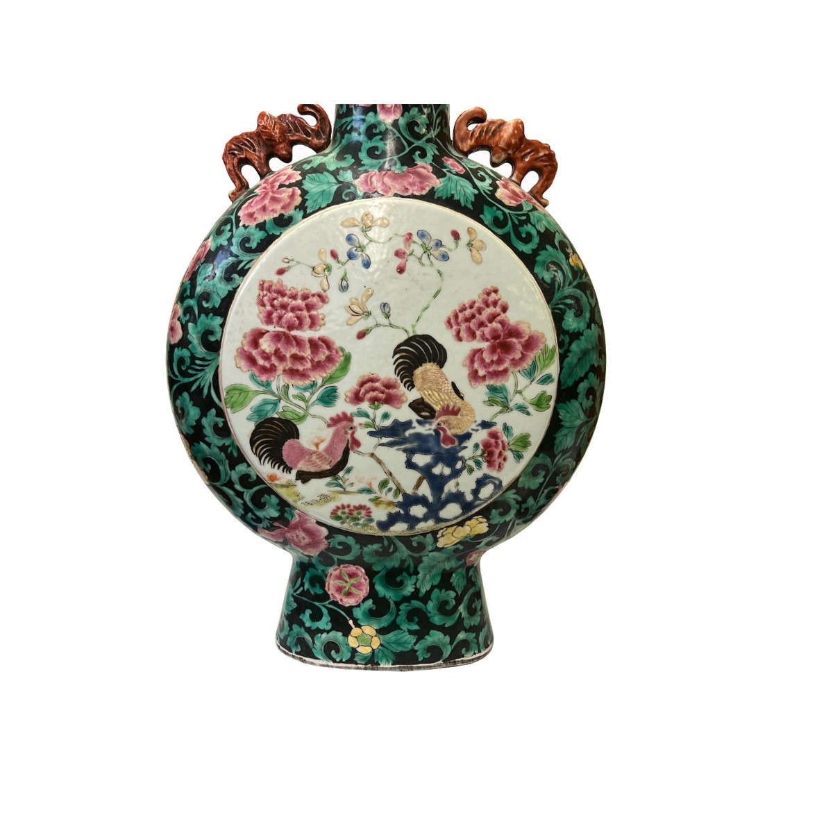 Vintage Chinese Dark Green Graphic Flat Round Flask Porcelain Vase ws3259S Vintage Chinese Dark Green Graphic Flat Round Flask Porcelain Vase ws3259S