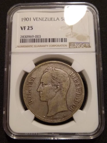 1901 venezuela 5 bolivares NGC vf25 key date low mintage world crown peso coin