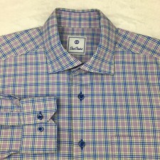 David Donahue Dress Shirt Men's Large Purple/Blue Plaid Long Sleeves
