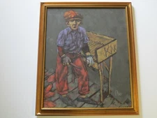 1966 PAINTING CHINESE OR KOREAN PORTRAIT URBAN MODERNIST FISHERMAN FISH VENDOR