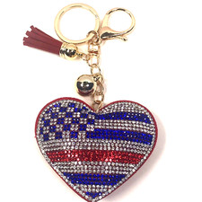 Shiny Heart Flag Keychain Rhinestone Crystal Car Purse Key Ring Handbag Pendant