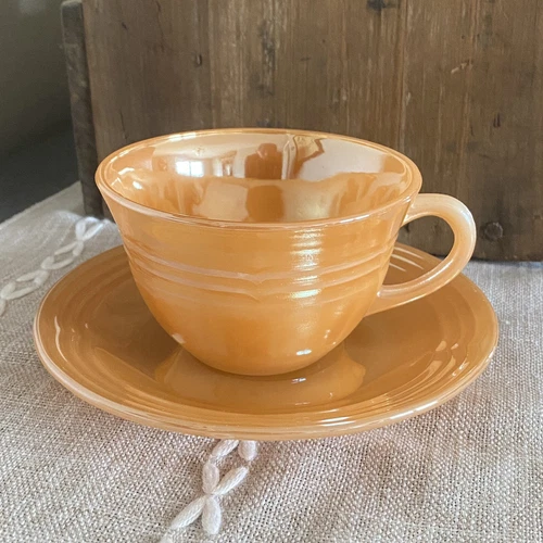 Anchor Hocking Fire King Peach Lusterware Lustre Ware Cup & Saucer Vintage