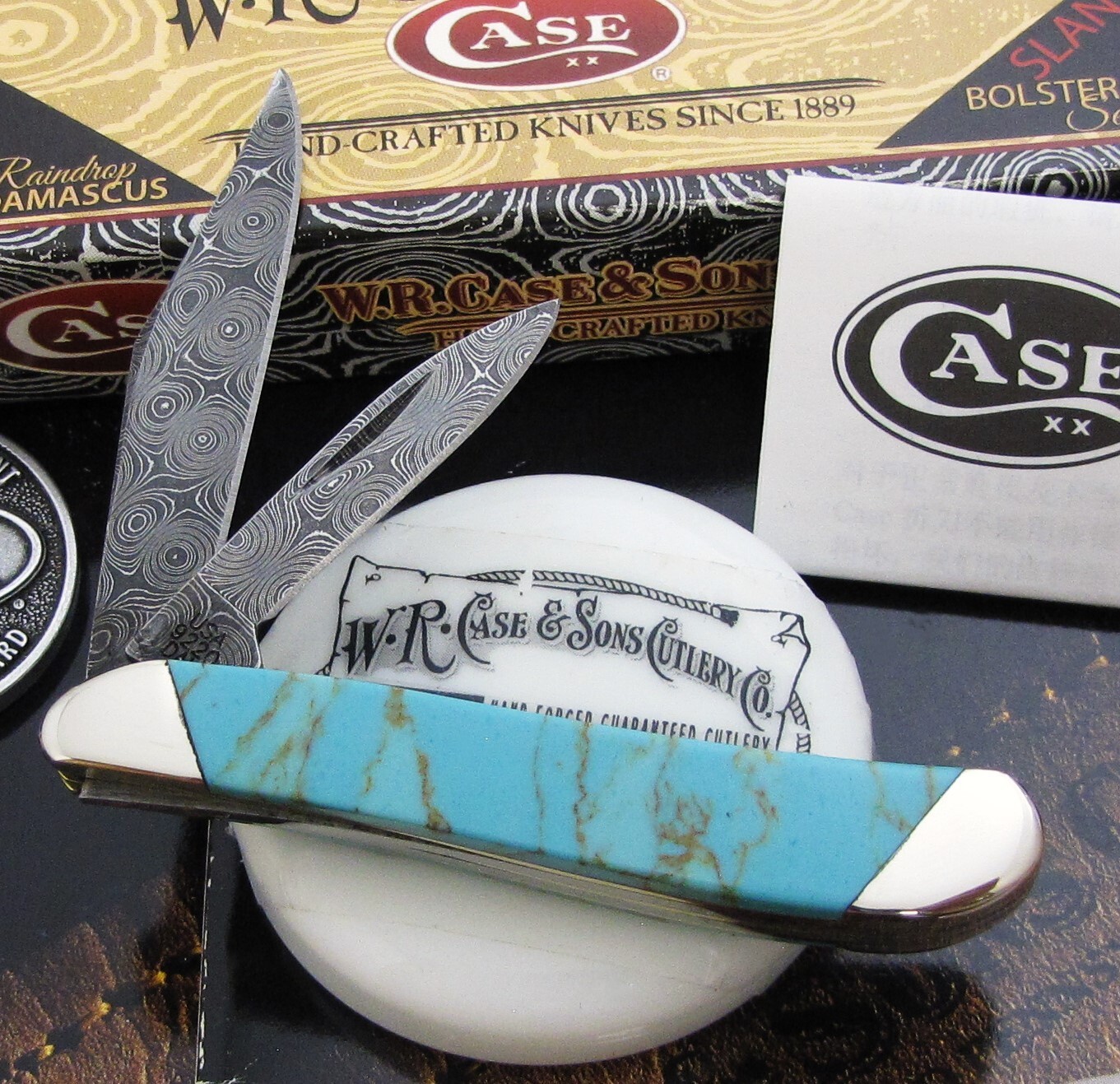 Case Raindrop Damascus Peanut Knife 2015 SFO Kingsman Turquoise 1 of 30