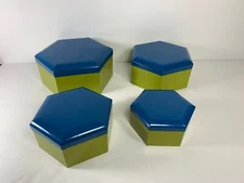 4 Blue Green Nesting Boxes Trinket Boxes Hexagon Lidded Largest is 6" x 6" x 3" 