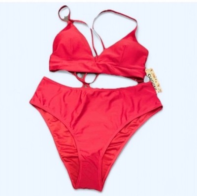Women's V Neck Lace-Up Bikini Set High Waist Swim Bottom Two Piece Swimsuit