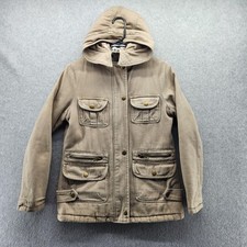Jacket Kids L Beige Hooded Twill Parka Quilted Lined Zip Pockets Winter