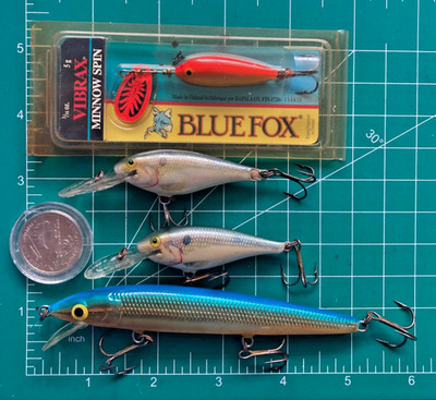 VTG LOT 4 RAPALA BLUE FOX VIBRAX NOS LURES CRANKBAITS JERKBAIT DIVER SHAD RAP