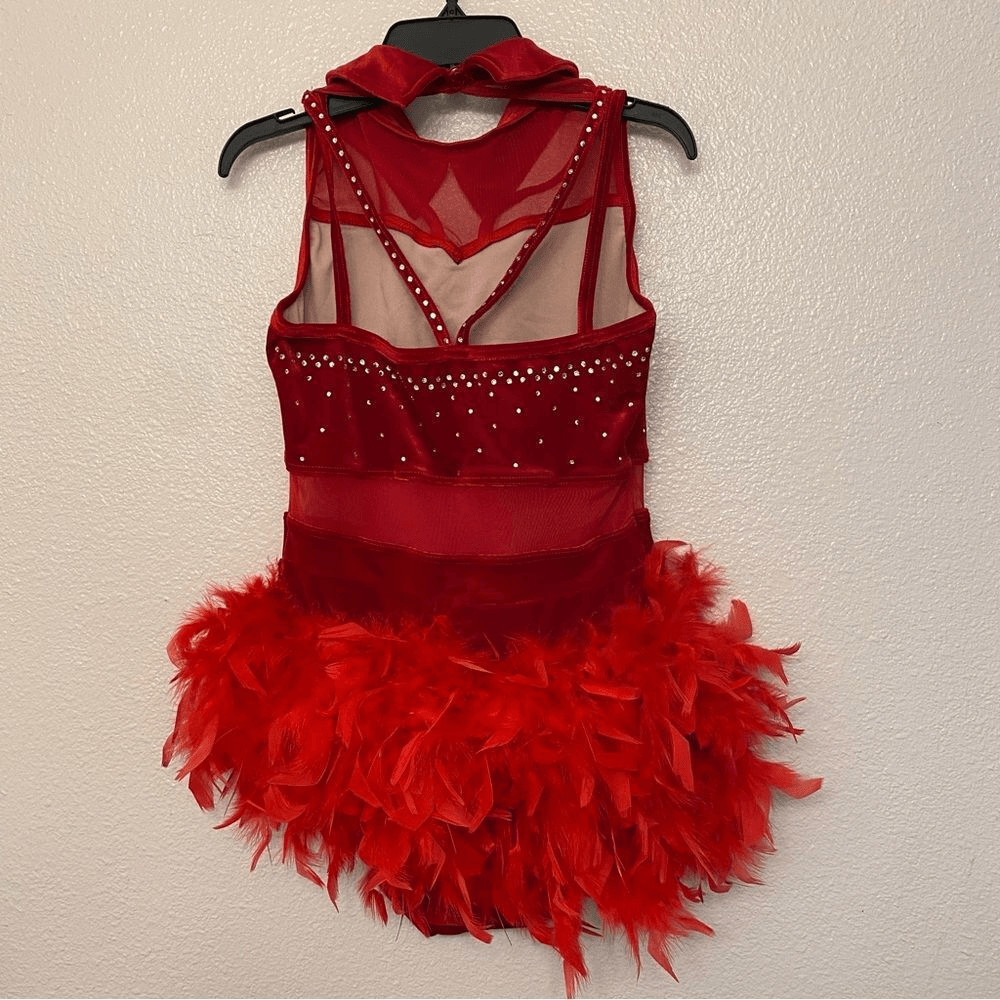 WEISSMAN solo Dance Costume red Crystal feather Leotard stoned velvet 15752 MA View 4