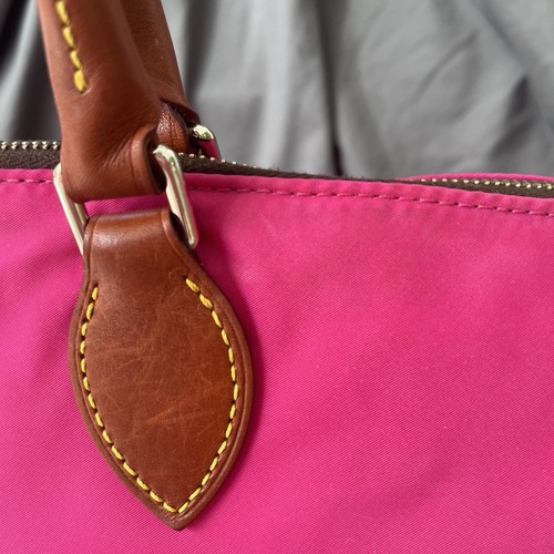 Dooney & Bourke Large FUCHSIA Nylon DILLEN Double Pocket Satchel British Tan EUC - Picture 10 of 21