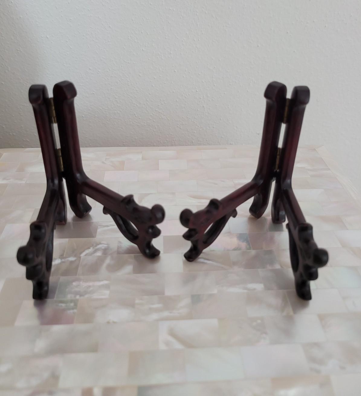 Vintage Pair of Small Chinese Dragon Carved Rosewood Easel Display Stands 3" H