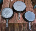 3 Griswold Cast Iron Skillets No. 5, 6 and 8 with large block logo's