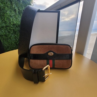 Gucci Brown Suede Sm Ophidia Belt Bag with black patent leather trim Grn/red Str