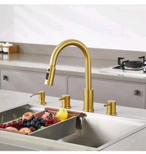 Tohlar Brushed Gold Kitchen Faucet Pull Down Sprayer with Soap dispenser.