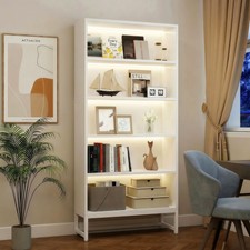 Tall Bookcase with LED Lights 5 Tier Bookshelf Storage Display Cabinet White
