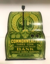Tin Litho Mechanical bank toy : Commonwealth Three Coin Bank, 1905