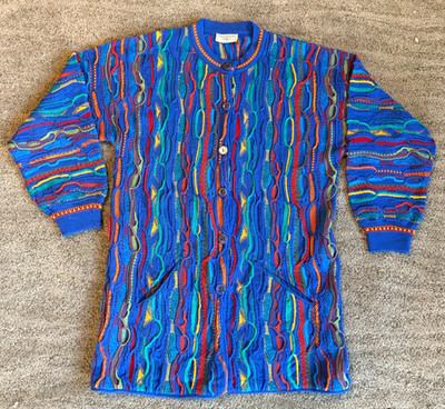 Purely Australian Wool Button Cardigan Tunic Sweater Wavy Pattern SM Coogi Style