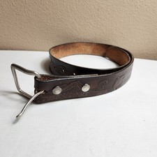Kids L/10-12 Brown Leather Fly Fishing Scenery Tooled Embossed Belt