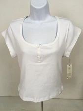 No Boundaries Henley Tee Top Women Size XL White Short Sleeves Cropped New