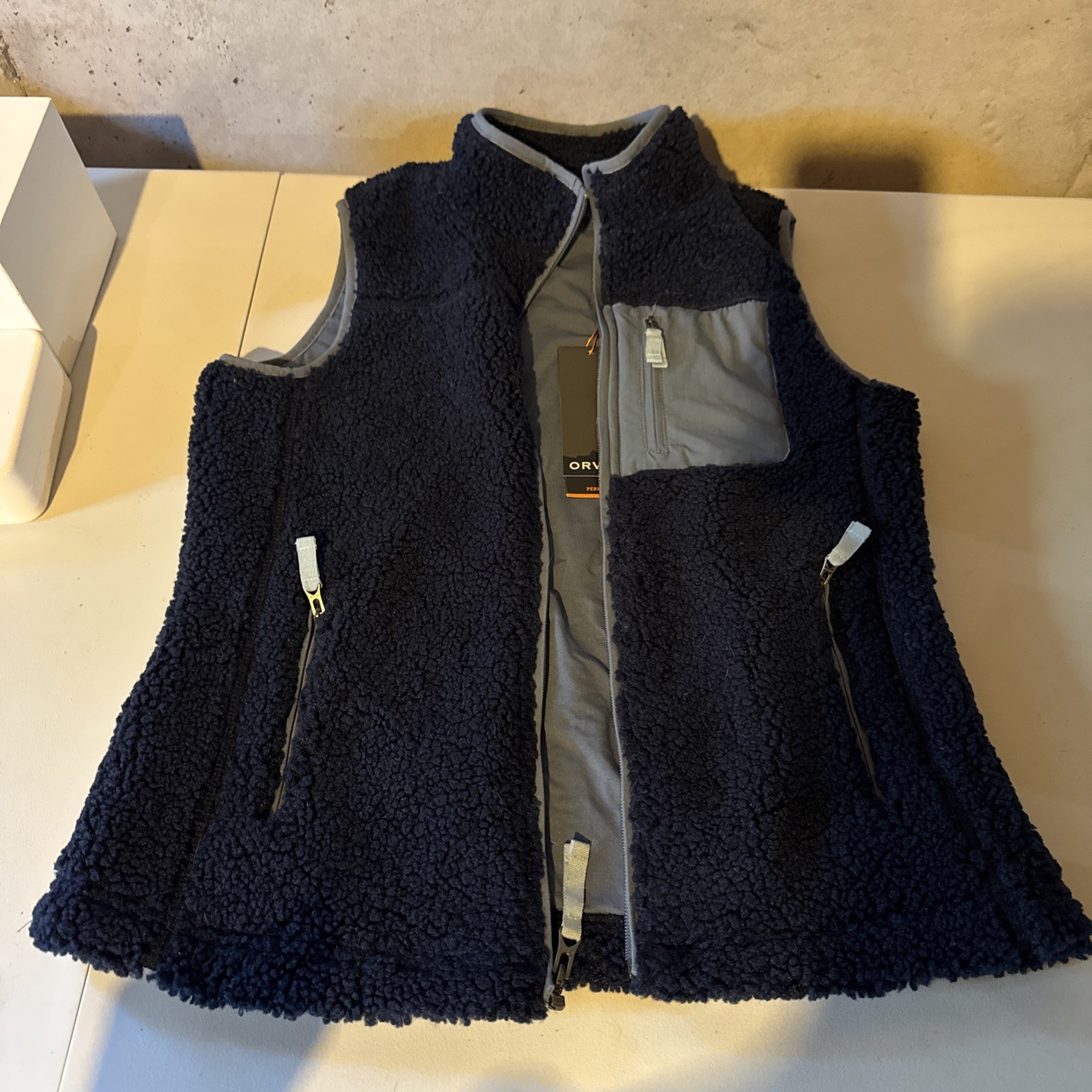 (2D) Orvis Mad River Sherpa Fleece Vest Women Sz L Brown Blue High Pile Gorpcore