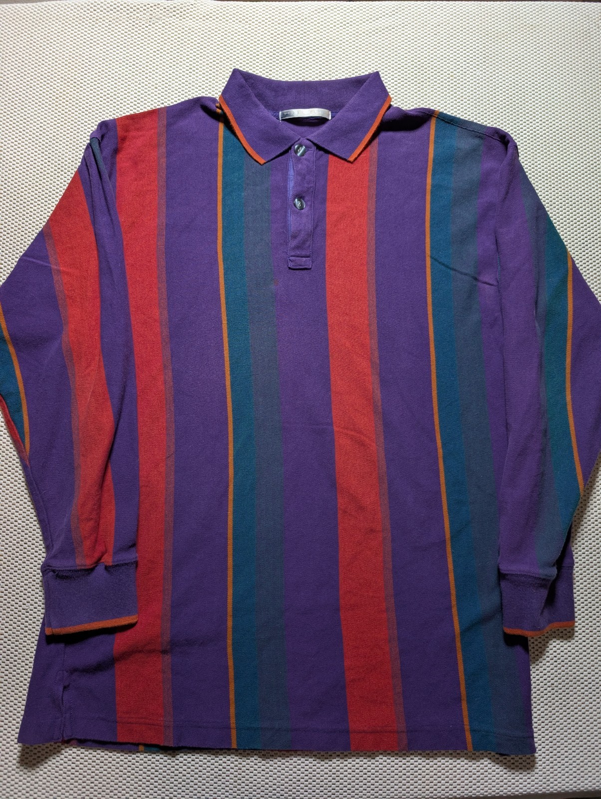 Perry Ellis 90s Y2K Vintage Purple Chunky Striped Heavyweight Polo Shirt Size XL
