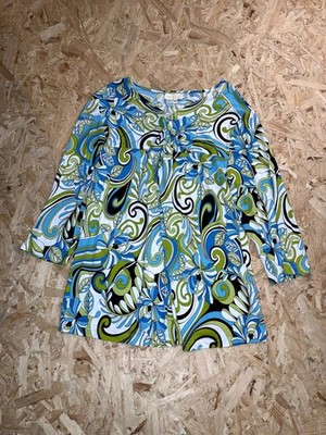 Rey Hernandez Top Womens 2X Blue Green White Psychedelic Floral Paisley Blouse