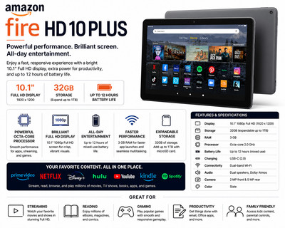 NEW   Amazon Fire HD 10 PLUS 32GB Tablet Wi-Fi 10.1'' + Alexa 11th Gen - SLATE