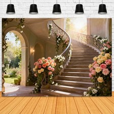 Spring Backdrop Flower Staircase Floral Background Photo Party Banner Decor