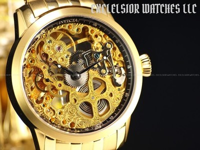 Rare NOS Invicta 46mm Men's Skeleton Dial Manual Wind 23k Gold Plated SS Watch