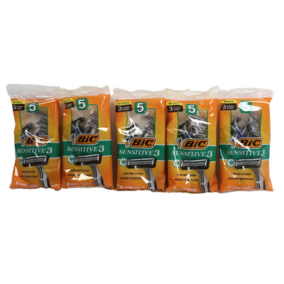 5 PACK BIC Men's Sensitive 3 Three Blade Disposable Razors 5 Ct Ea (25ct Total)