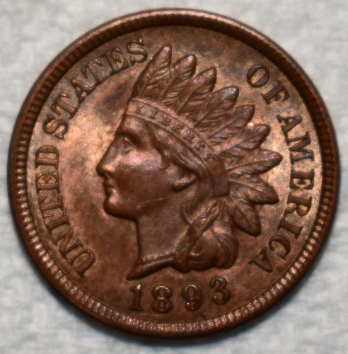 Uncirculated 1893 Indian Head Cent, Razor-Sharp specimen.