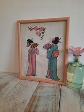 Geisha M&auml;dchen Wandteppich Stickerei Nadelspitze gerahmt Vintage asiatisch japanisch Kunst