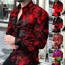 Men Casual Long Sleeve Button Down Red Shirt Slim Fit Muscle Dress-Shirts-Tops