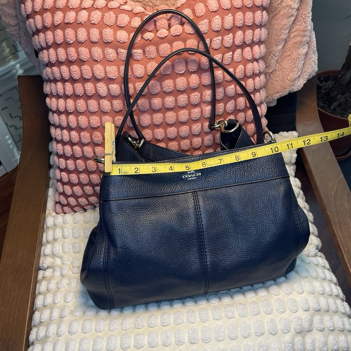 COACH Lexy Pebbled Leather Shoulder Bag Midnight Blue 3 Sections