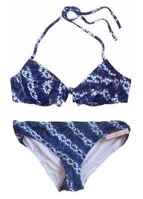 Victoria Secret 34DD Flounce Tease Halter Ink Blot Tie Dye Trail Medium Bikini N