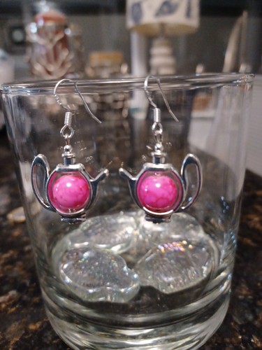 Teapot Earrings with Pink Marble Effect Glass Drawbench Beads. SS Hooks. - Picture 2 of 3