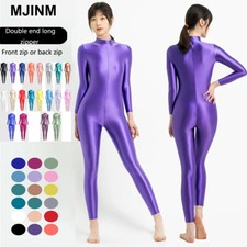 Women Shiny Glossy Jumpsuit Bodysuit One-piece Satin Leotard Unitard Zentai Yoga