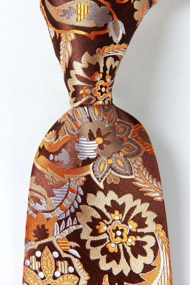 Classic Floral Brown White Jacquard Silk Men's Tie Necktie Hanky Cufflink Set - Image 2 of 4