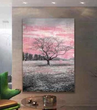 Tree in The Field Lonely Art Elegant Pink Sky Wall Art Canvas Unframed Print Art
