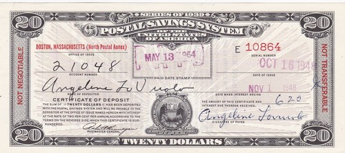 20 $ SERIE VON 1939 POSTSPARSYSTEM ZERTIFIKAT BEZAHLT BOSTON MA W7171