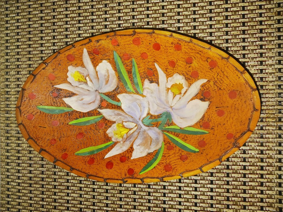 Colombian hand carved wood bowl with hand painted orchids | eBay