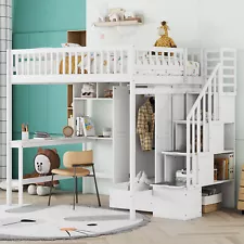 Modern Full size Loft Bed Frame W/ Bookshelf/Drawers/Desk/Wardrobe White Bedroom