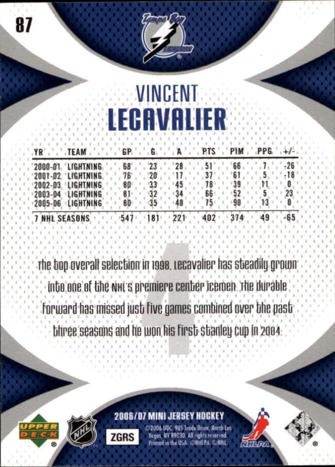 2006-07 UD Mini Jersey Collection #87 Vincent Lecavalier - NM-MT - Image 2 of 2