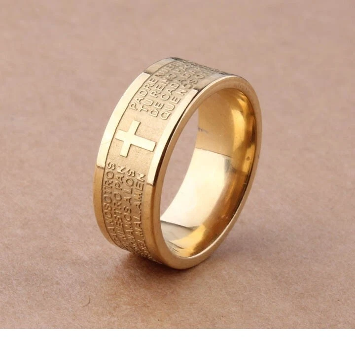 Mens Women s Gold Wedding Ring Band Christian Catholic Cross Lord s Prayer Steel