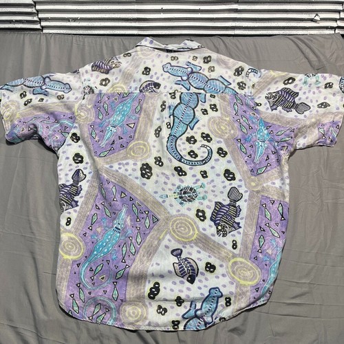 Vintage GOTCHA Surfer Aztec Gecko Button Up Made in Nepal Mens XL Short Sleeve - Picture 9 of 10