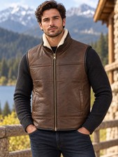 Men's Brown Sheepskin Leather 100 Real Sheepskin Shearling Fur Gilet Vest