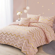 Pink Comforter Set Queen Size, Metallic Blush and Rose Gold Bedding Set, 4