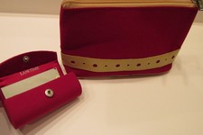 NEW LANCOME RED COSMETIC BAG  LIPSTICK CASE HOLDER WITH MIRROR w SNAP CLOSURE