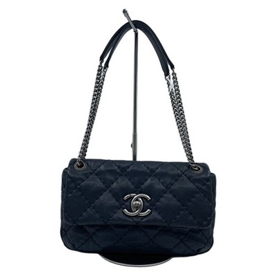 CHANEL CF Shoulder Bag Dark Blue Leather CC Flap 081204