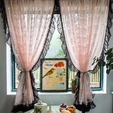 Vintage Black Lacework with Pink Jacquard Sheer Floral Curtains Bedroom Romantic