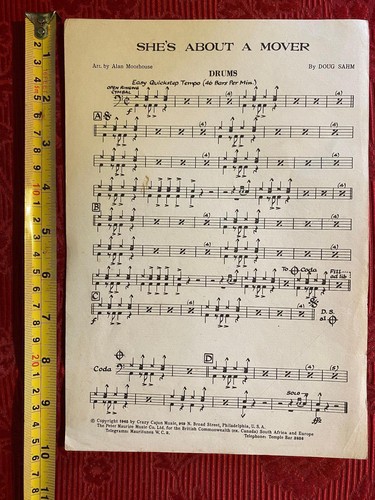 Vintage Sheet Music "She's About A Mover" For Drums REF00062